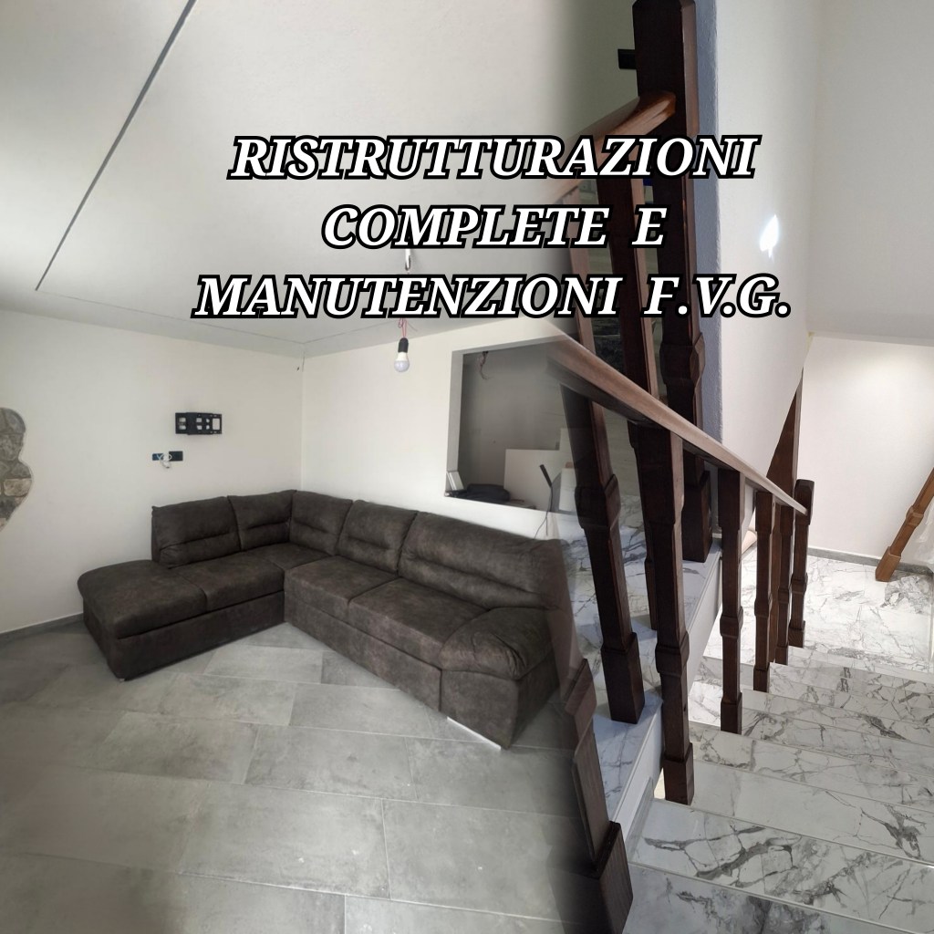 Interior view showcasing a modern living room with a dark sectional sofa and a staircase. Text overlay mentions complete renovations and maintenance.